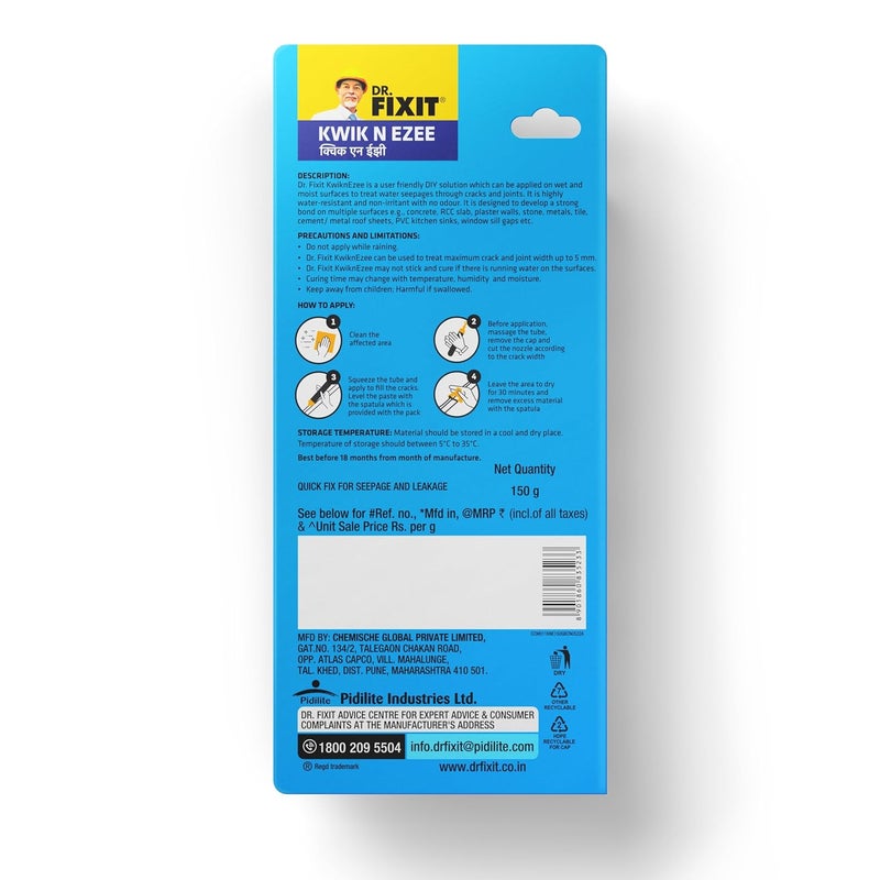 Dr. Fixit مادة تعبئة الفجوات والشقوق كويك إن إيزي، 150 جرام (أبيض)، عزل مائي لأعمال الإصلاح المنزلية، شقوق حوض المطبخ والجدران، مادة مانعة لتسرب المياه لفراغات بلاط الحمام، المعادن، الخشب، PVC، الأفضل للمناطق الرطبة والمبللة - Image 2