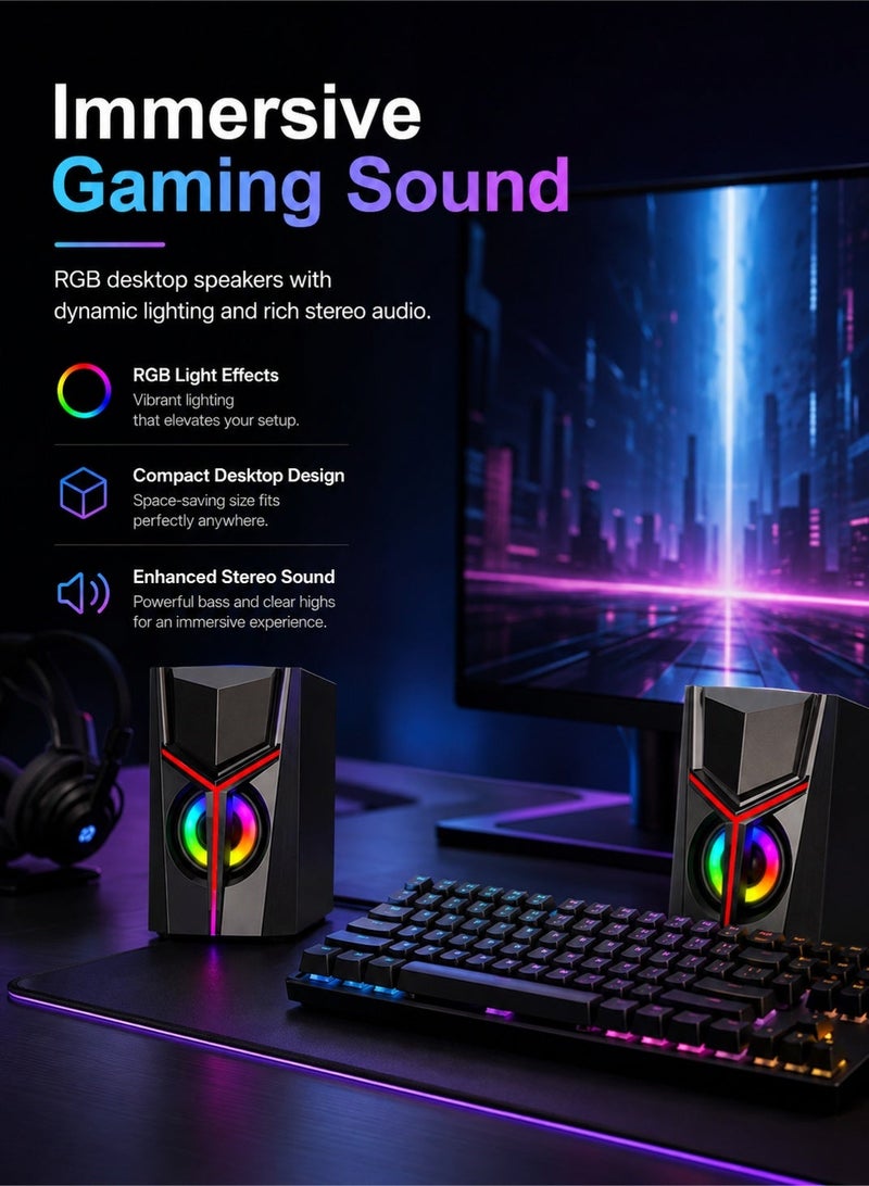 صدى زوج مكبرات صوت كمبيوتر ألعاب بقناتين RGB LED، قوة إخراج 2×3 وات ونطاق تردد 20 هرتز - 20 كيلو هرتز مع وحدة صوت كامل النطاق وباس محسن لنظام صوت سطح المكتب، يعمل بتيار مستمر 5 فولت عبر USB ومدخل صوت 3.5 ملم تشغيل فوري، صندوق صوت ألعاب مدمج بلوحة أمامية هندسية أنيقة مزينة باللون الأحمر ومصابيح مضيئة، متوافق على نطاق واسع مع أجهزة الكمبيوتر المكتبي، لابتوب، تابلت، هواتف ذكية، تلفزيونات ذكية، غرف ألعاب منزلية، مكاتب الدراسة، محطات عمل المكاتب، الترفيه متعدد الوسائط - Image 4
