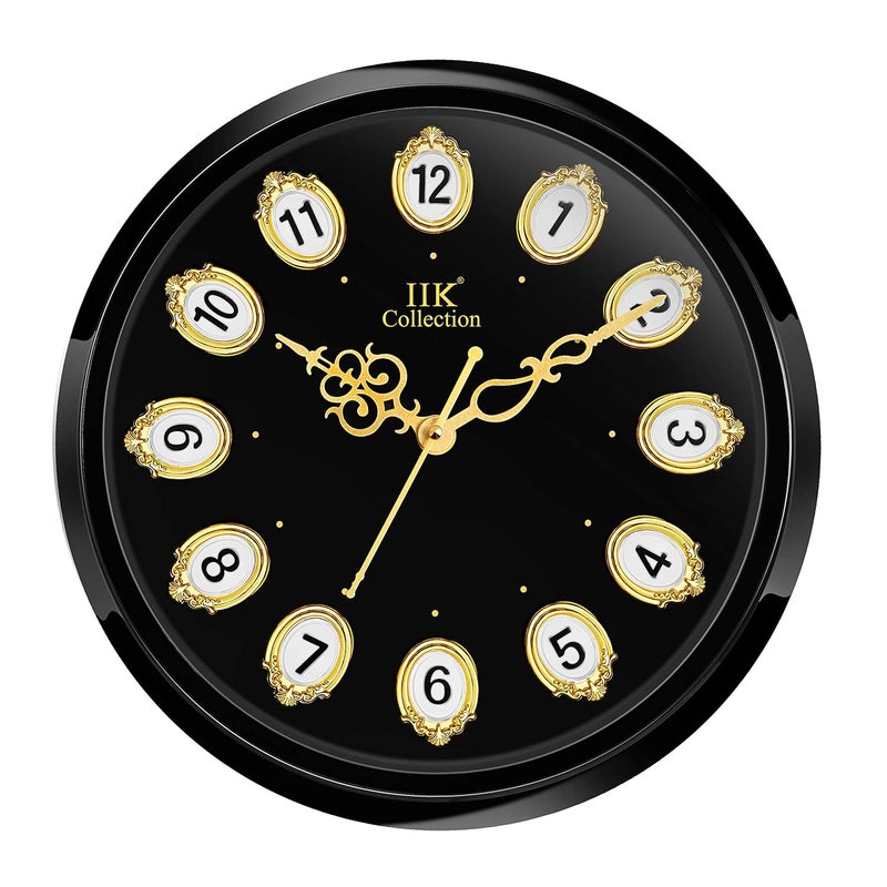 IIK COLLECTION Designer Analogue Plastic Sweep Silky Silent No Tic-Tic Sound Quartz Round Wall Clock with Glass for Home, Kitchen, Living Room, Bed Room, Office (Golden and Black) - Image 1