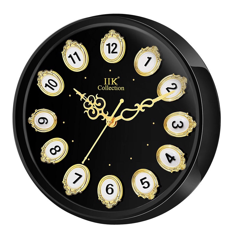 IIK COLLECTION Designer Analogue Plastic Sweep Silky Silent No Tic-Tic Sound Quartz Round Wall Clock with Glass for Home, Kitchen, Living Room, Bed Room, Office (Golden and Black) - Image 3