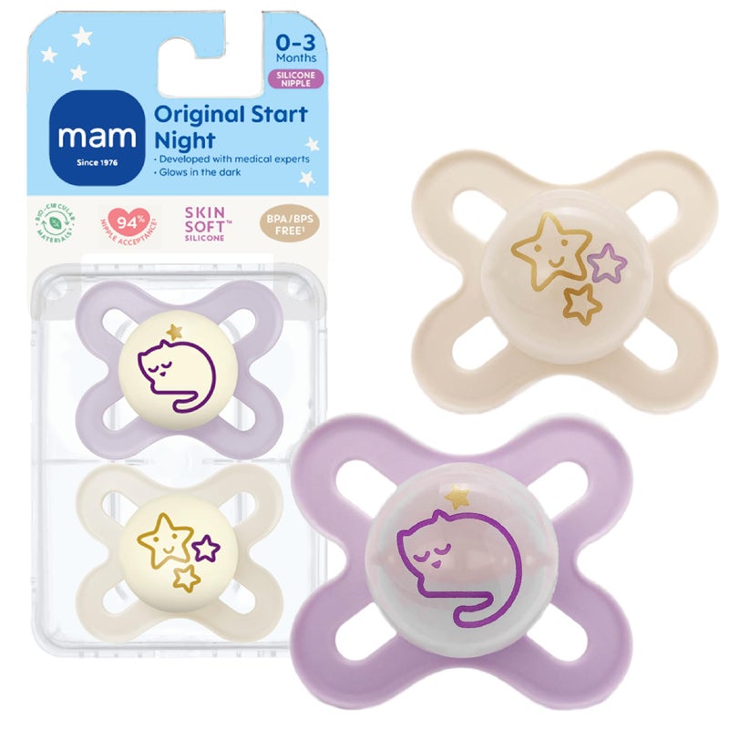 MAM Original Start Night Baby Pacifiers 0-3 Months Newborns, BPA-Free Skin Soft Silicone Nipple, Glows in The Dark, Developed with Medical Experts, 2 Count with Sterilizer Case - Image 1