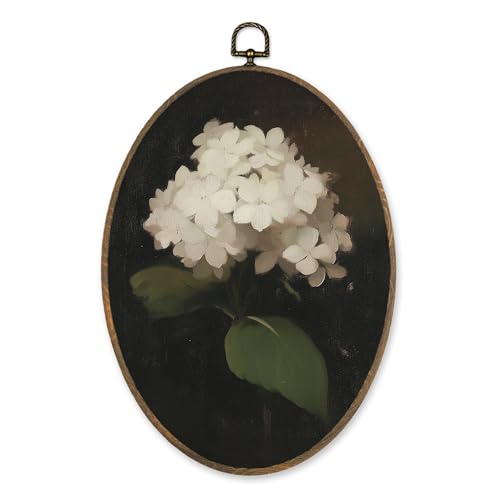 LKETW Vintage Hydrangea Floral Oval Wall Art Decor, Dark Academia White Hydrangea Flower Oval Canvas Hanging Decor, Retro Moody Floral Wall Decorations for Home Bedroom Living Room, 8.6x11.4 Inch - Image 1