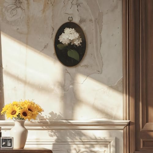 LKETW Vintage Hydrangea Floral Oval Wall Art Decor, Dark Academia White Hydrangea Flower Oval Canvas Hanging Decor, Retro Moody Floral Wall Decorations for Home Bedroom Living Room, 8.6x11.4 Inch - Image 2