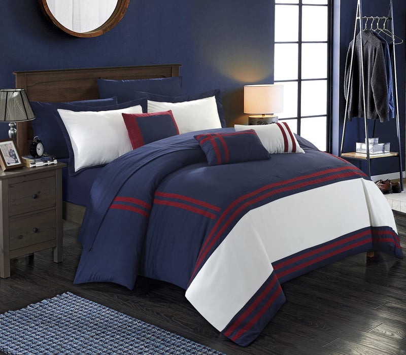 Chic Home Chic Home Zarah Colorblock Queen Size Comforter Set 10Piece King Bedding Set with Queen Comforter Shams Decorative Pillows and Sheet Set  Bed in a Bag Queen Navy 