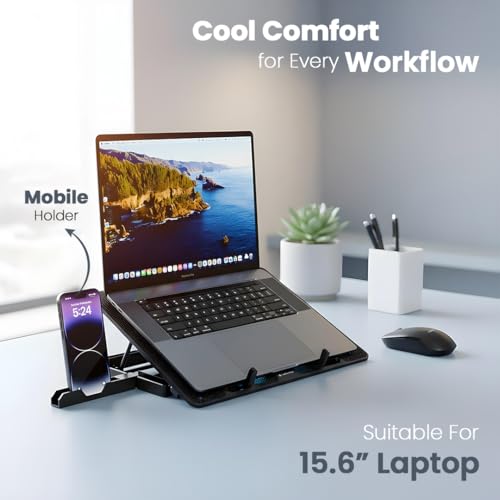 Lapcare Chillmate Powerful Laptop Cooler Pad with Dual 125mm Fans, Silent Operation Noiseless Fan, Dual USB Ports, 5 Step Retractable Stand and Removable Mobile Holder - Image 2
