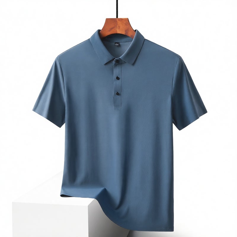 Men's Business Casual Ice Silk Seamless Polo Shirt Short Sleeve Turned Collar Top - Image 1