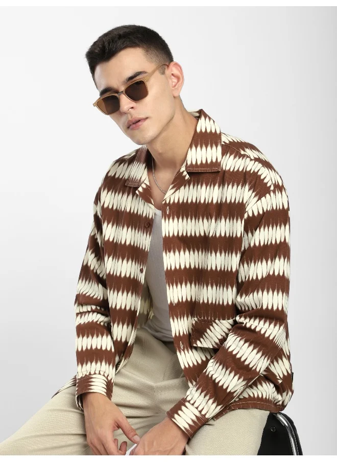 Beyoung Brown Dual Pocket Abstract Printed Overshirt