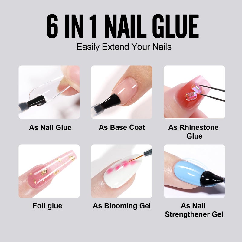 TOMICCA 6 in 1 Brush On Nail Glue for Press Ons 8ml Gel Nail Glue Strong for Acrylic Nails Lamp Curing Needed UV, DIY Home Salon Use - Image 2