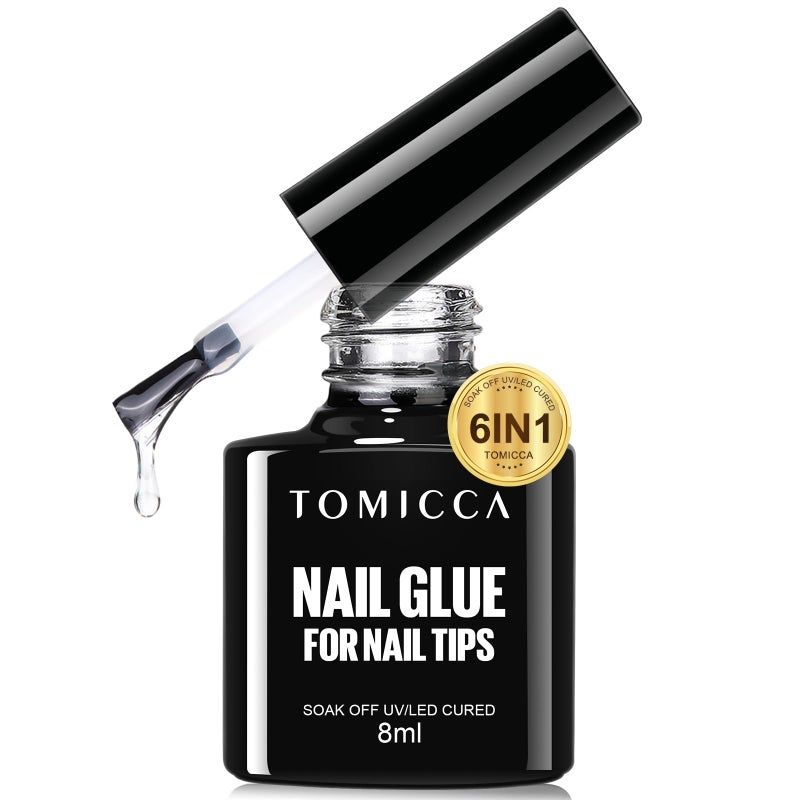 TOMICCA 6 in 1 Brush On Nail Glue for Press Ons 8ml Gel Nail Glue Strong for Acrylic Nails Lamp Curing Needed UV, DIY Home Salon Use - Image 1