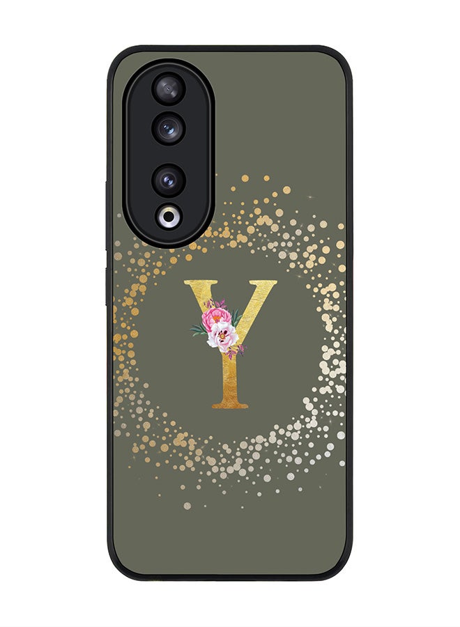 Stylizedd Rugged Black edge case for Honor 90 5G, Slim fit Flexible Thin Cover - Custom Monogram Initial Letter Floral Pattern Alphabet - Y  (Olive Green ) - Image 1