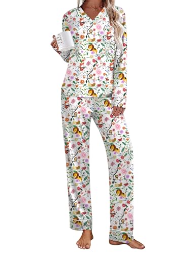 Ekouaer Womens Pajamas Sets V Neck Long Sleeve Sleepwear Comfy Pants 2 piece Loungewear with Pocket White Animals Small - Image 1