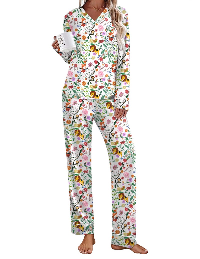 Ekouaer Womens Pajamas Sets V Neck Long Sleeve Sleepwear Comfy Pants 2 piece Loungewear with Pocket White Animals Small - Image 2