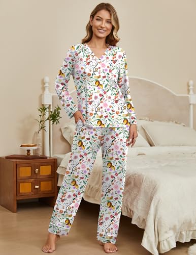 Ekouaer Womens Pajamas Sets V Neck Long Sleeve Sleepwear Comfy Pants 2 piece Loungewear with Pocket White Animals Small - Image 3