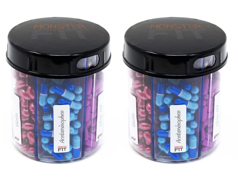 Monster Jr Supplement Pill Dispenser with Labels Holds Small Medium Medication Vitamins and Easily Dispense from One Container Includes Compartment Labels Monster Jr 2 Pack