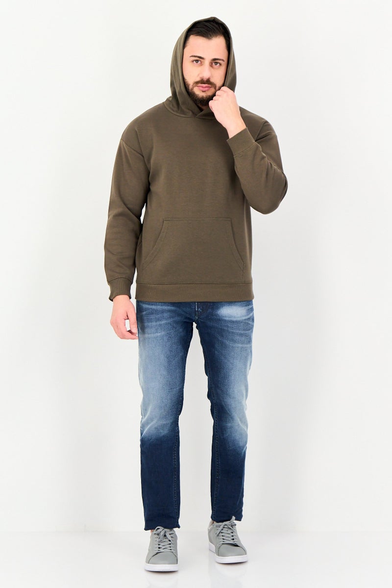 Algspar Men Solid Long Sleeve Hoodie, Dark Olive - Image 4