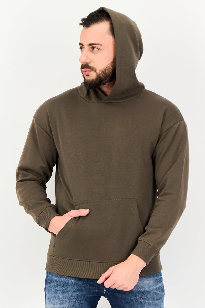 Algspar Men Solid Long Sleeve Hoodie, Dark Olive - Image 1