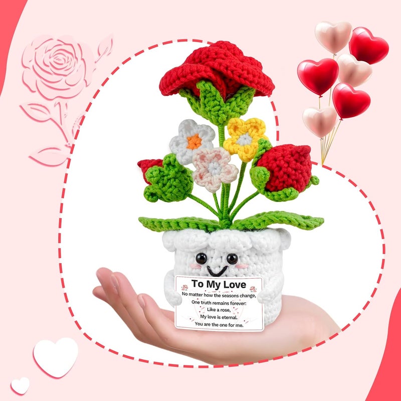 SZMDLX Gifts for Women - Handmade Positive Crochet Red Forever Rose & Gypsophila with Card, Artificial Flowers Home Decor, Crochet Gift for Birthday, Valentine's Day, Wife, Mum, couple - Image 4