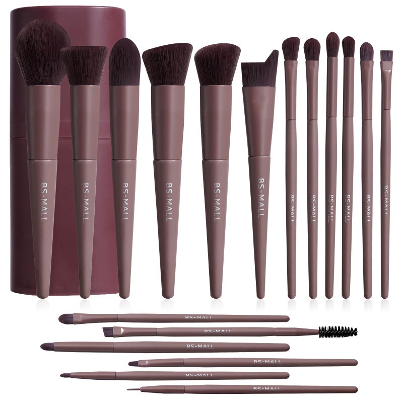 BS Mall BS-MALL Makeup Brush Set 18 Pcs Premium Synthetic Foundation Powder Concealers Eye shadows Blush Makeup Brushes with black case (D-Brown) - Image 1