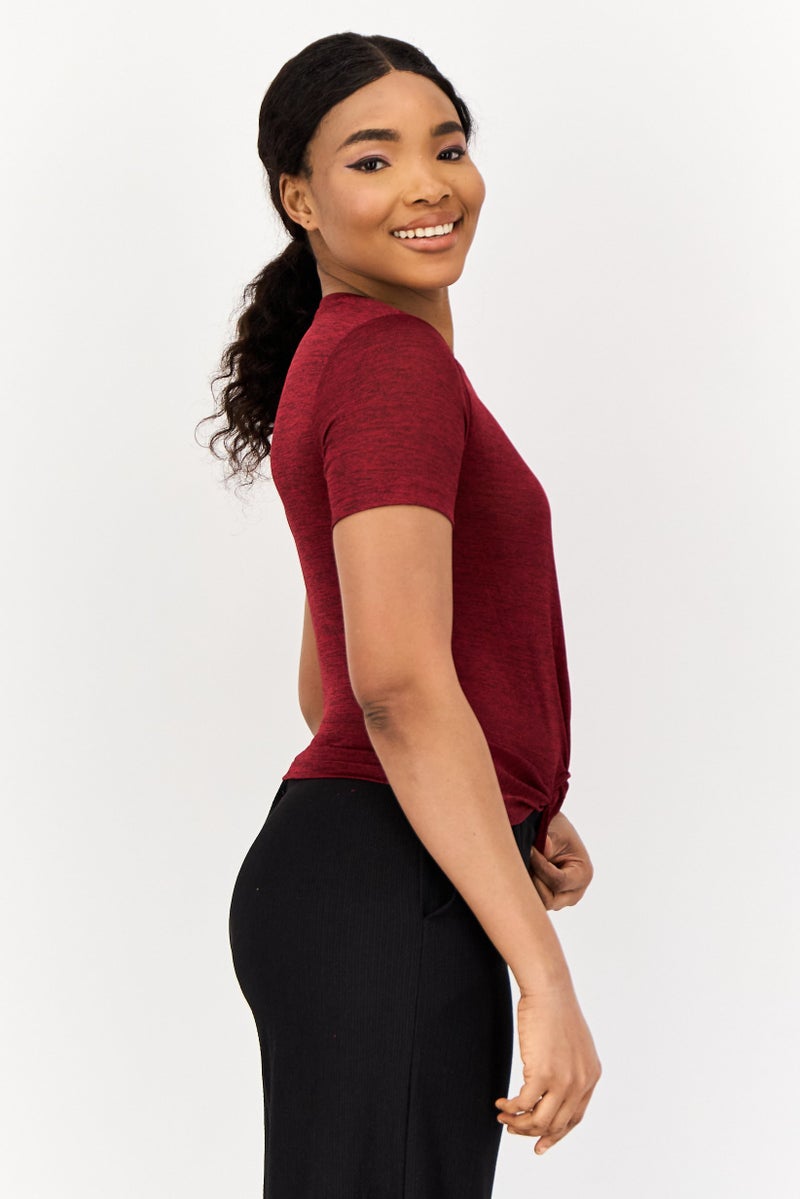 ONLY Women Crew Neck Short Sleeve Textured T Shirt, Maroon - Image 3