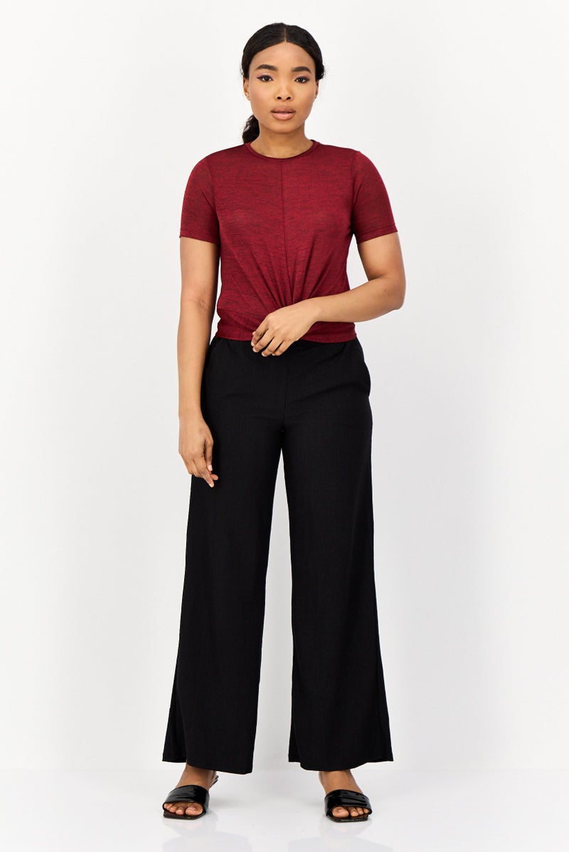 ONLY Women Crew Neck Short Sleeve Textured T Shirt, Maroon - Image 2