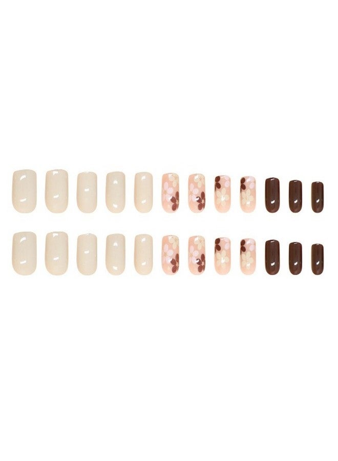 OCOUYVD Fall Press on Nails Extra Short Square Fake Nails Autumn Flowers Designs False Nails Glossy Glue on Nails Brown Acrylic Nails Full Cover Small Stick on Nails for Women Nail Art Manicure 24 Pcs - Image 5