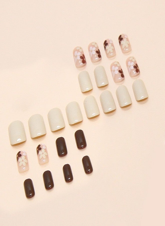 OCOUYVD Fall Press on Nails Extra Short Square Fake Nails Autumn Flowers Designs False Nails Glossy Glue on Nails Brown Acrylic Nails Full Cover Small Stick on Nails for Women Nail Art Manicure 24 Pcs - Image 4