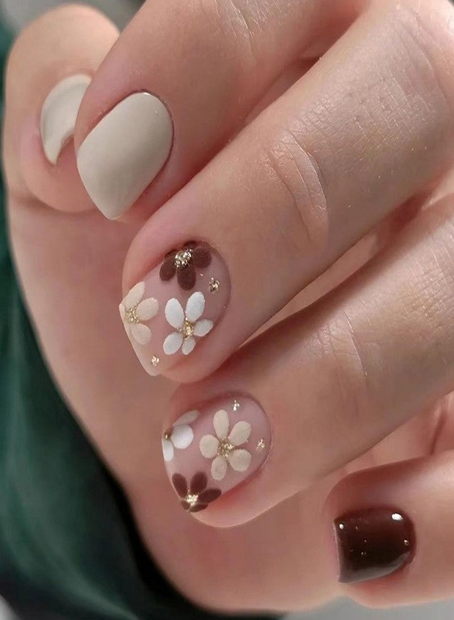 OCOUYVD Fall Press on Nails Extra Short Square Fake Nails Autumn Flowers Designs False Nails Glossy Glue on Nails Brown Acrylic Nails Full Cover Small Stick on Nails for Women Nail Art Manicure 24 Pcs - Image 1