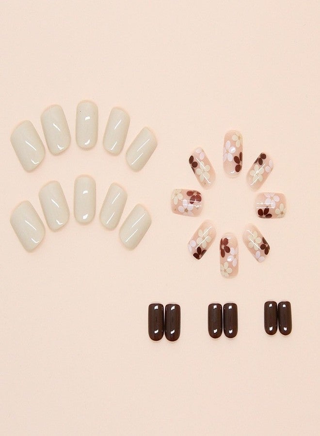 OCOUYVD Fall Press on Nails Extra Short Square Fake Nails Autumn Flowers Designs False Nails Glossy Glue on Nails Brown Acrylic Nails Full Cover Small Stick on Nails for Women Nail Art Manicure 24 Pcs - Image 3