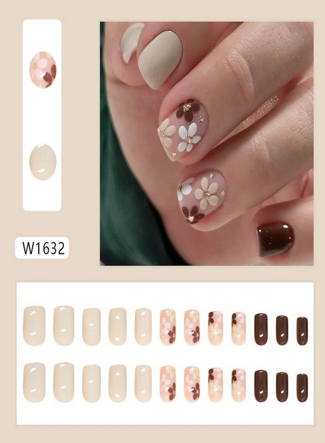 OCOUYVD Fall Press on Nails Extra Short Square Fake Nails Autumn Flowers Designs False Nails Glossy Glue on Nails Brown Acrylic Nails Full Cover Small Stick on Nails for Women Nail Art Manicure 24 Pcs - Image 2