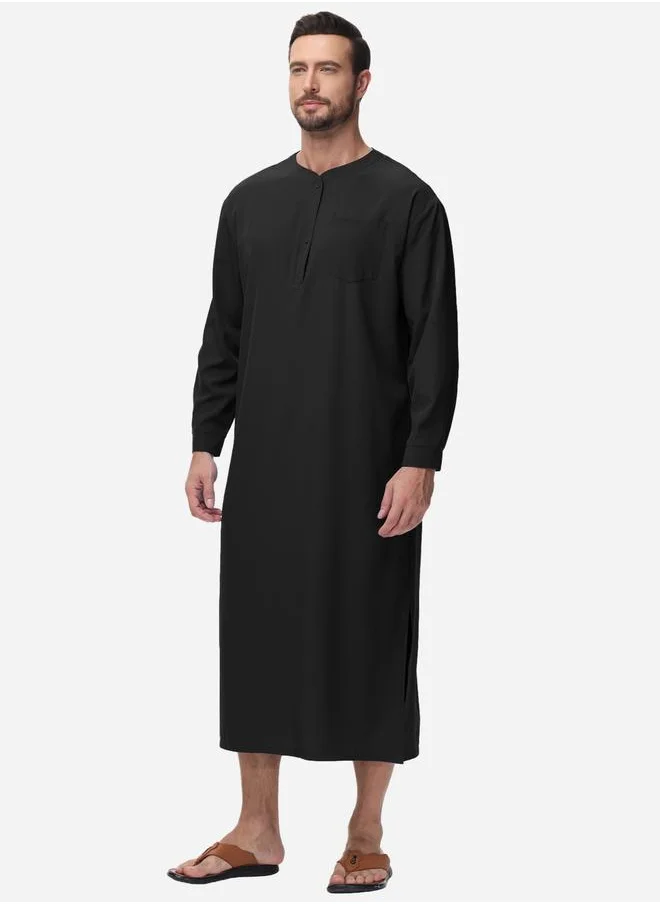 تايك تو Take Two Solid Round Neck Button Front Long Sleeve Robe