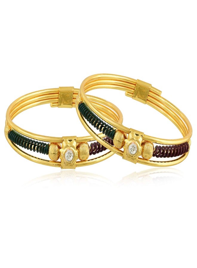 DULCI® Gold Plated Brass Plain CZ Studded Charms Traditional Baby Boy Baby Girl Kada Bracelet Bangles Nazariya for Unisex Baby-Set of 2 (0-2yrs) - Image 1