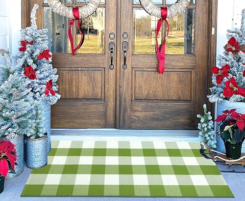 BUAGETUP Green and White Buffalo Outdoor Rug 24''x51''Checkered Plaid Front Porch Rug Cotton Woven Machine Washable Door Mat Outdoor for Layered Doormat Hello Welcome Door Mat Kitchen Farmhouse Entryway - Image 1