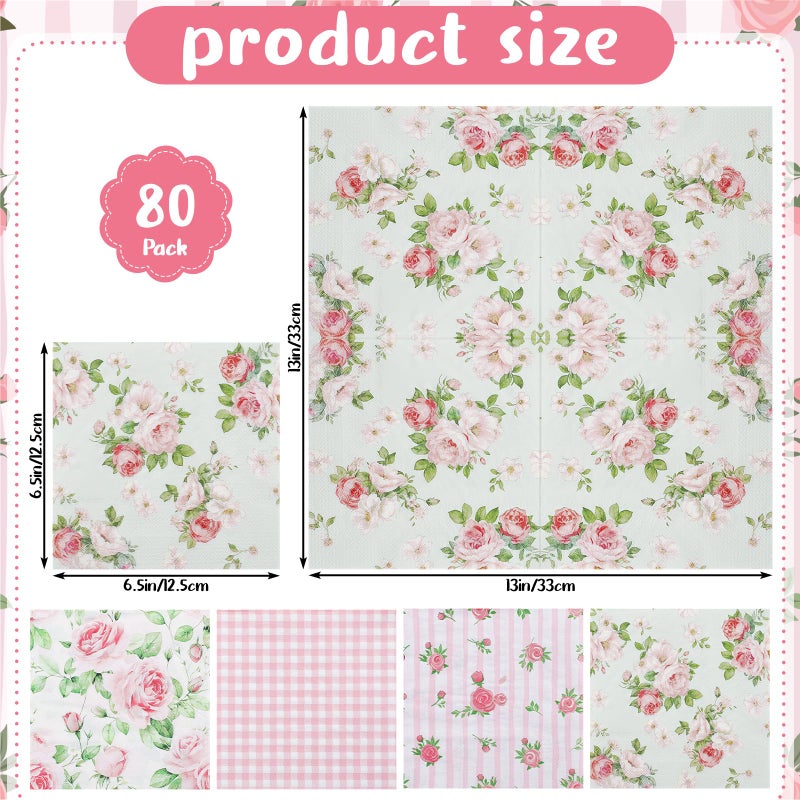 NatNarr 80 Pcs Pink Floral Napkins, 6.5 In Vintage Flower Napkin 2 Ply Spring Napkins Decorative Napkin for Decoupage, Tea Party Decoration, Mother's Day, Wedding, Bridal & Baby Shower - Image 2