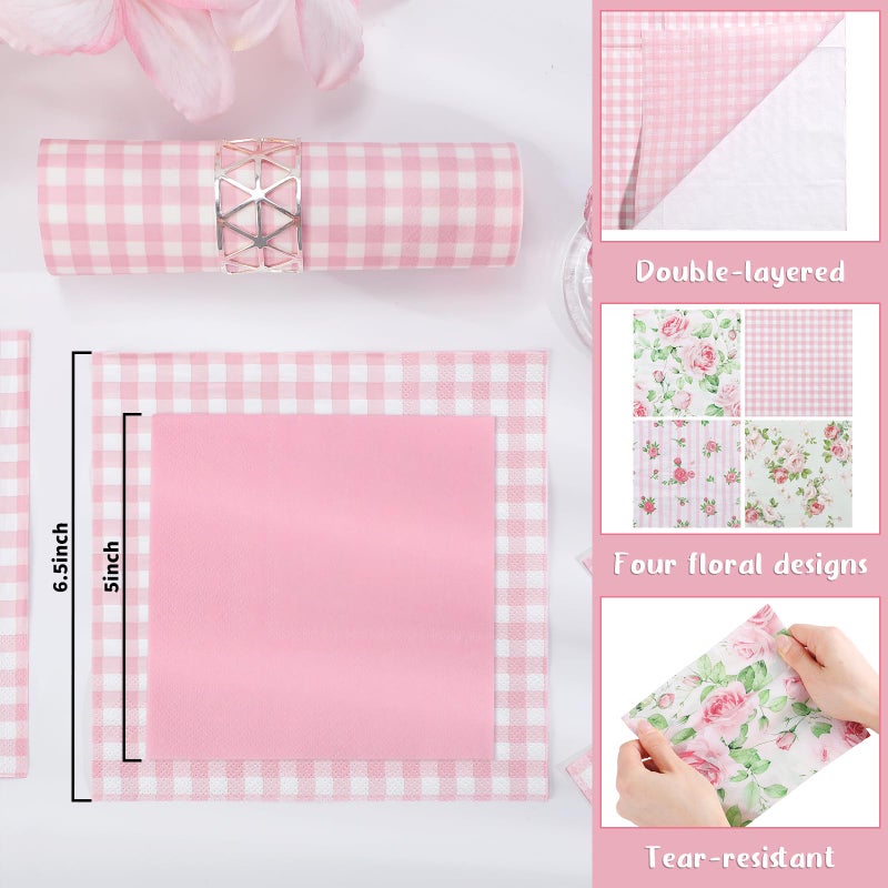 NatNarr 80 Pcs Pink Floral Napkins, 6.5 In Vintage Flower Napkin 2 Ply Spring Napkins Decorative Napkin for Decoupage, Tea Party Decoration, Mother's Day, Wedding, Bridal & Baby Shower - Image 3