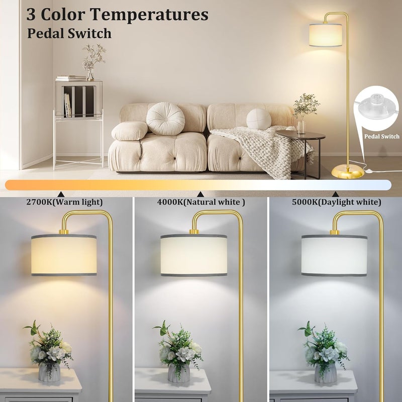 PARTPHONER [Upgraded] LED Floor Lamp for Living Room, 3 Color Temperature Floor Lamp with Foot Switch Modern Standing Lamp Tall Pole Floor Reading Lamp for Bedroom, Study Room, Office, 9W Bulb Included, Gold - Image 2