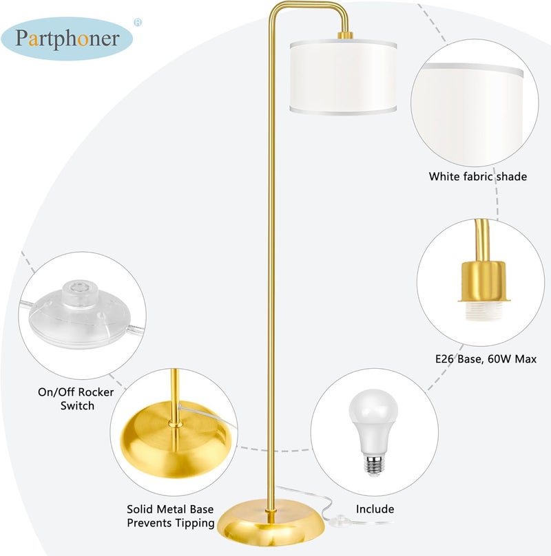 PARTPHONER [Upgraded] LED Floor Lamp for Living Room, 3 Color Temperature Floor Lamp with Foot Switch Modern Standing Lamp Tall Pole Floor Reading Lamp for Bedroom, Study Room, Office, 9W Bulb Included, Gold - Image 5