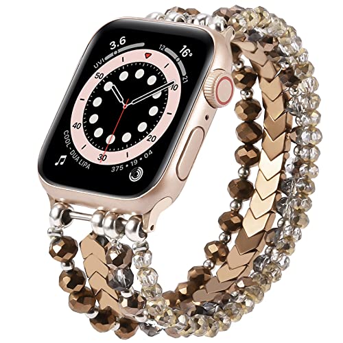 MOFREE Beaded Bracelet Compatible with Apple Watch Band 38mm/40mm/41mm/42mm, Fashion Elastic Stretch Women Bands for iWatch Series 11/10/9/8/7/SE/6/5/4/3/2/1 iPhone Watch Strap Bands Coffee - Image 1