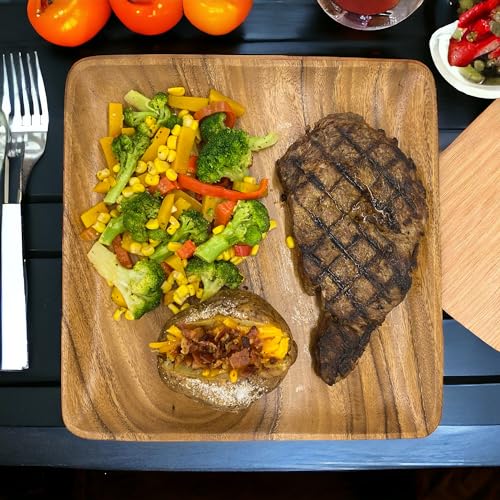 WRIGHTMART Wooden Plates Set of 4 – 10” Square Acacia Wood Plates, Rustic Dinnerware for Steak, BBQ, Charcuterie, or as Wooden Chargers - Image 2
