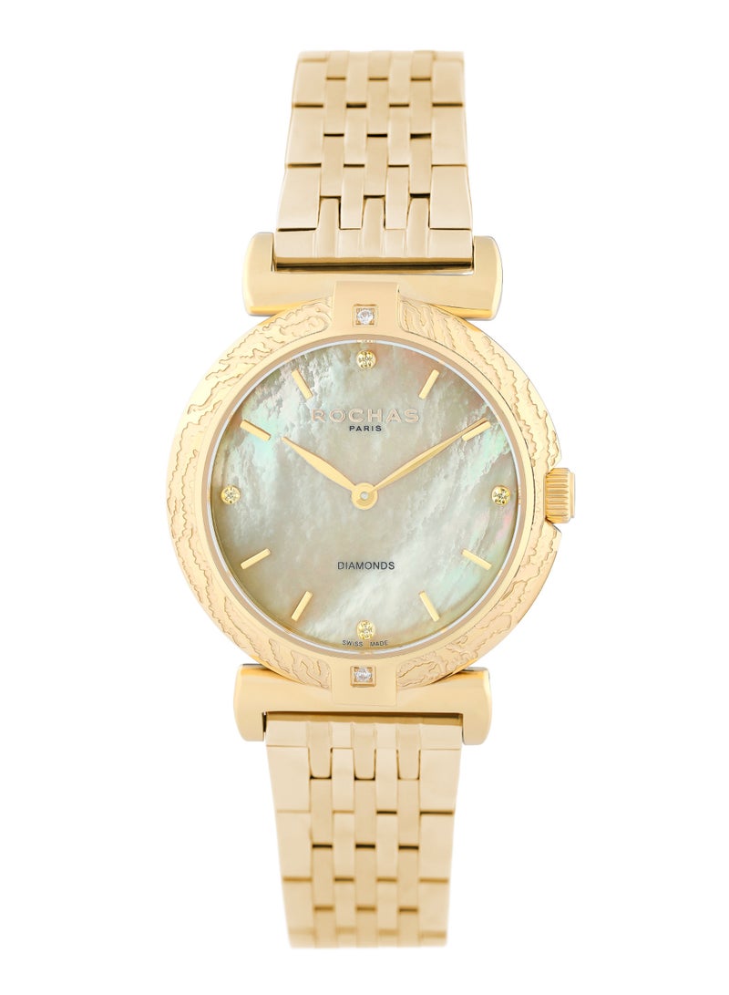 Rochas Ladies 32 mm Swiss Watch with Yellow Mother-of-Pearl Dial and Stainless Steel Bracelet + 2pcs 1.3mm Diamonds on Case and 4pcs 1.0mm Diamonds on Dial - RWF217