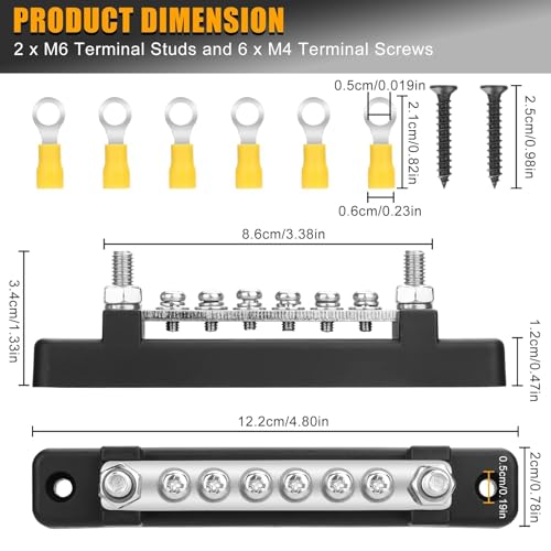 Linkstyle Negative Bus Bar 12V, Marine Gound BusBar Power Distribution Block, with 2X M6 Studs 6X M4 Screws Terminals, for Car Boat Caravan RV - Image 2