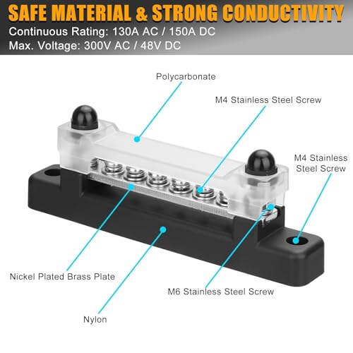 Linkstyle Negative Bus Bar 12V, Marine Gound BusBar Power Distribution Block, with 2X M6 Studs 6X M4 Screws Terminals, for Car Boat Caravan RV - Image 3