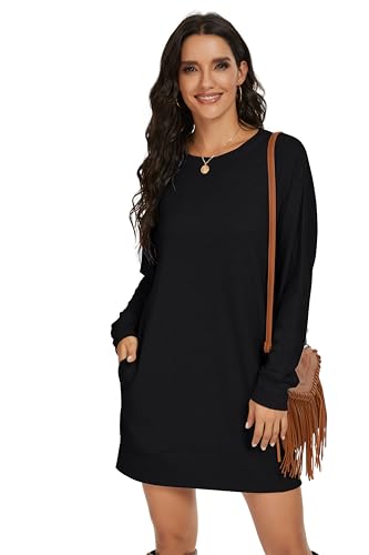 PrinStory Women's Casual Sweater Dresses Fall Winter Crewneck Loose Fit Basic Pullover Tunic Dress with Side Pockets for Work & Weekend Black S - Image 5