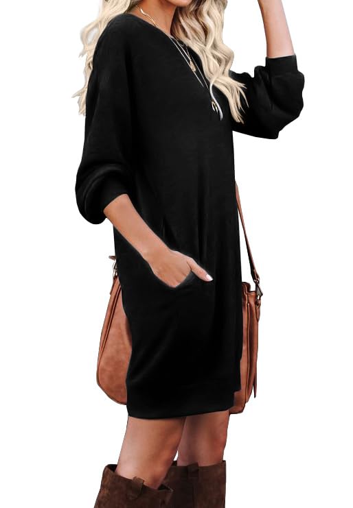 PrinStory Women's Casual Sweater Dresses Fall Winter Crewneck Loose Fit Basic Pullover Tunic Dress with Side Pockets for Work & Weekend Black S - Image 2