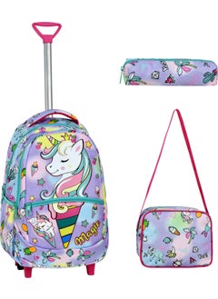 3-Piece School Set with Trolley, Unicorn Patterned Primary School Bag + Lunch Box + Pencil Case