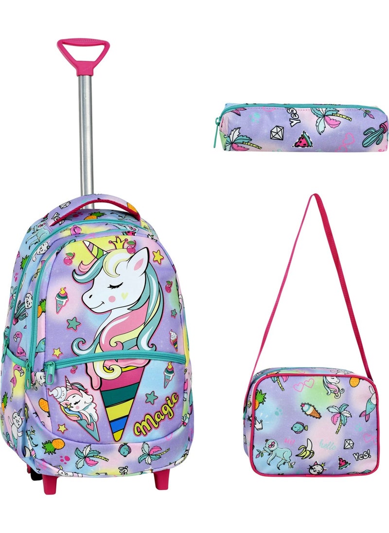 Çantaland 3-Piece School Set with Trolley, Unicorn Patterned Primary School Bag + Lunch Box + Pencil Case  - Image 1