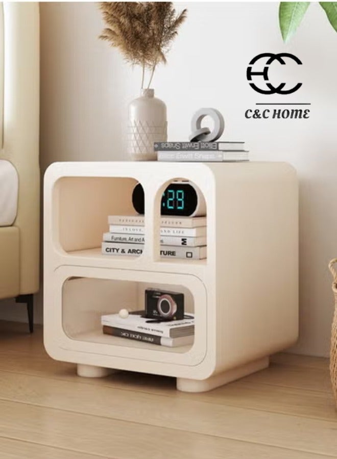fashionhome Premium Multipurpose Use Rounded Corner Nightstand Creative Bedside Table Smooth Handle Design Side Table with Transparent Glass Front Drawer and Display Shelf for Living Room Bedroom 50x35x55 cm (Fully Assembled) - Image 1