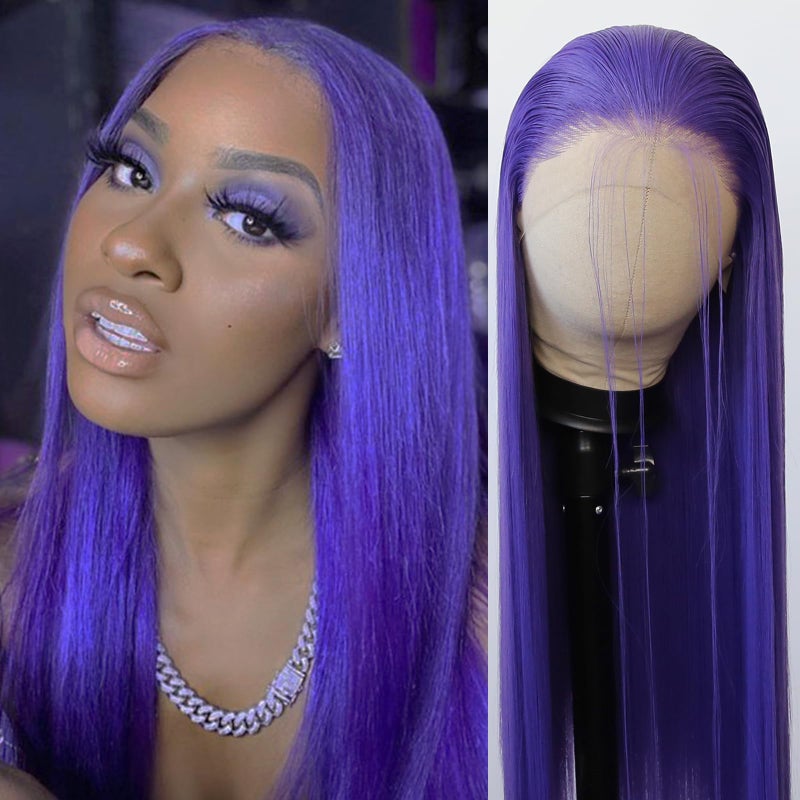 BTWTRY Purple Synthetic Lace Front Wig Long Straight Dark Purple Lace Front Synthetic Wig Pre Plucked Natural Hairline Glueless Heat Resistant Fiber Hair Wig for Fashion Women Purple