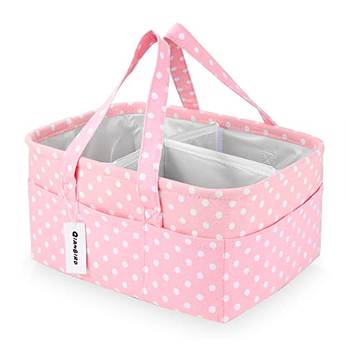 QiANBiRD Pink Diaper Caddy Organizer for Baby Girl-Large Portable Diaper Caddy Basket for Changing Table-Diaper Organizer Caddy-Car Travel Tote Bag-Newborn Registry Baby Shower Basket for Diapers & Wi