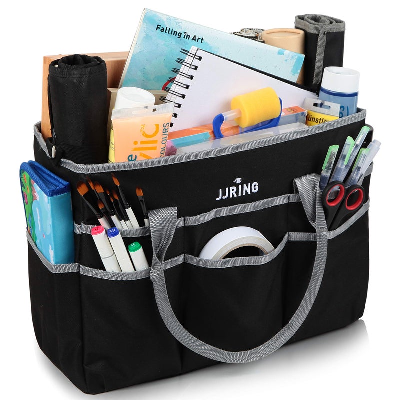JJRING Large MultiFunctional Carrying Bag 600D Nylon Artist Tote Bag with 16 Pockets Caddy for Art Craft Sewing Makeup or School Medical Office Supplies Organizer Silver
