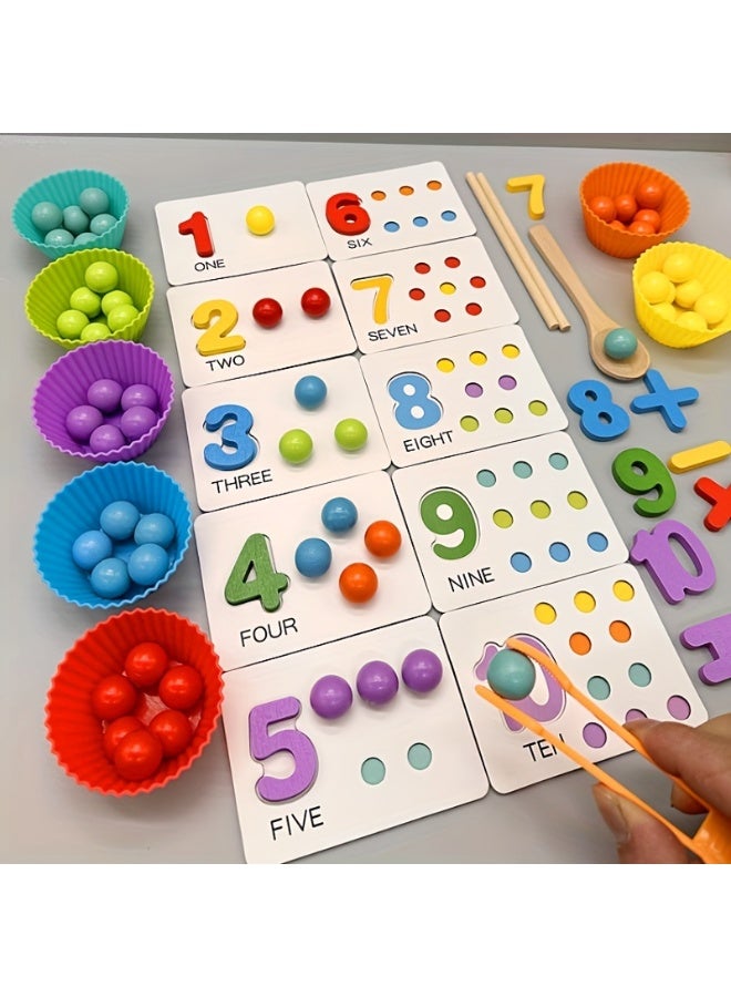 BEBEGO Inspired Wooden Number Matching Game - Educational Toy for Youngsters with Colorful Beads & Math Symbols, Includes Cupcake Liners & Pencils, Blue, Mini Toys - Image 2